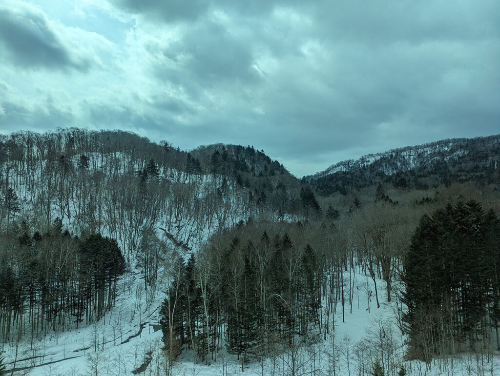 車窓から見える雪の山