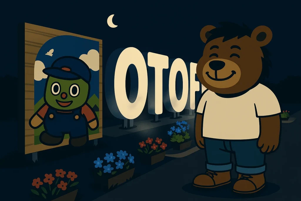 月が浮かぶ夜の道の駅おとふけ。照明に照らされた『OTOFUKE』の看板の前で、クマのキャラクターが笑顔で立っている。カラフルな花壇と記念撮影用パネルが、静かな夜の旅情を彩っている。