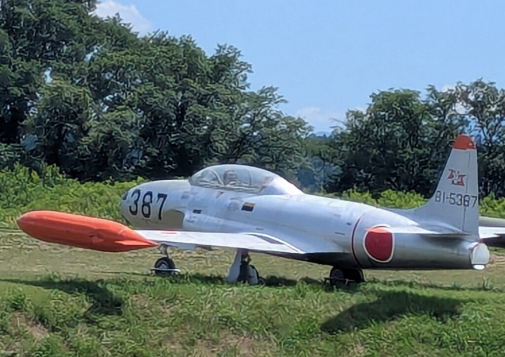 航空自衛隊の退役練習機T-33A(機体番号81-5387)のアップ、畑の中で静かに佇む機体のディテールが見える