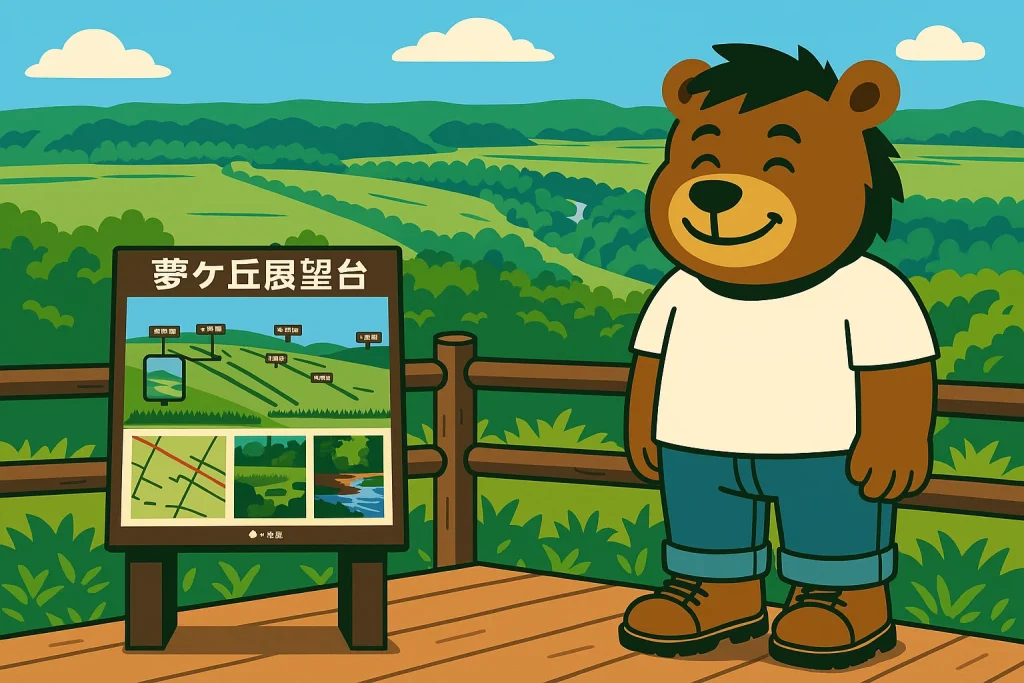 夢ヶ丘展望台の案内板の前で笑顔を見せるクマのキャラクター