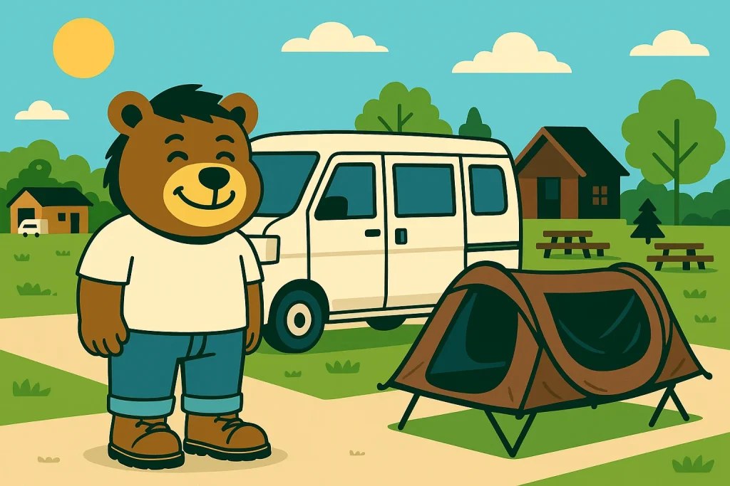 キャンプ場でテントと車の前に立つ笑顔のクマのキャラクター