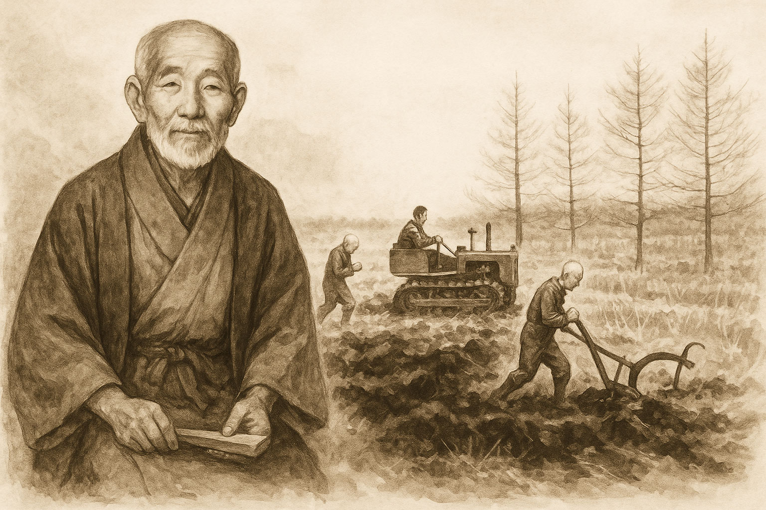 音更開拓の祖・大川宇八郎と、農地を耕す人々を描いた墨絵風のイラスト