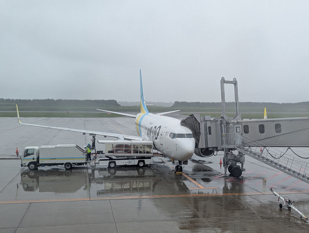 AIRDOで無事到着。雨の中の飛行機